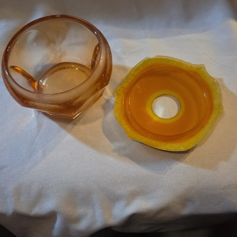 Vanity Powder Box/ Hair Reciever . Amber Glass With Celluloid Lid Vintage